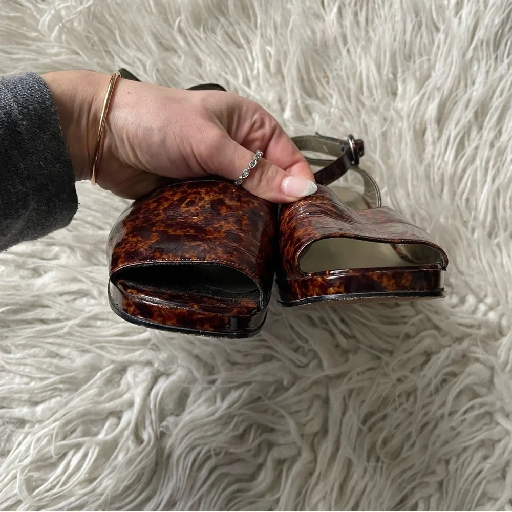 Yves Saint Laurent Vintage Y2K 90s Brown Patent Leather Animal Print Sandals 8.5